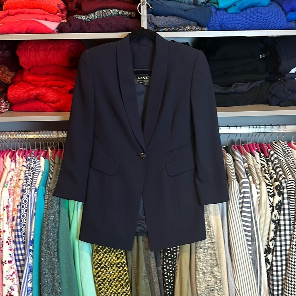 Vintage 100% wool Dana Buchman navy single breasted blazer size 4P
